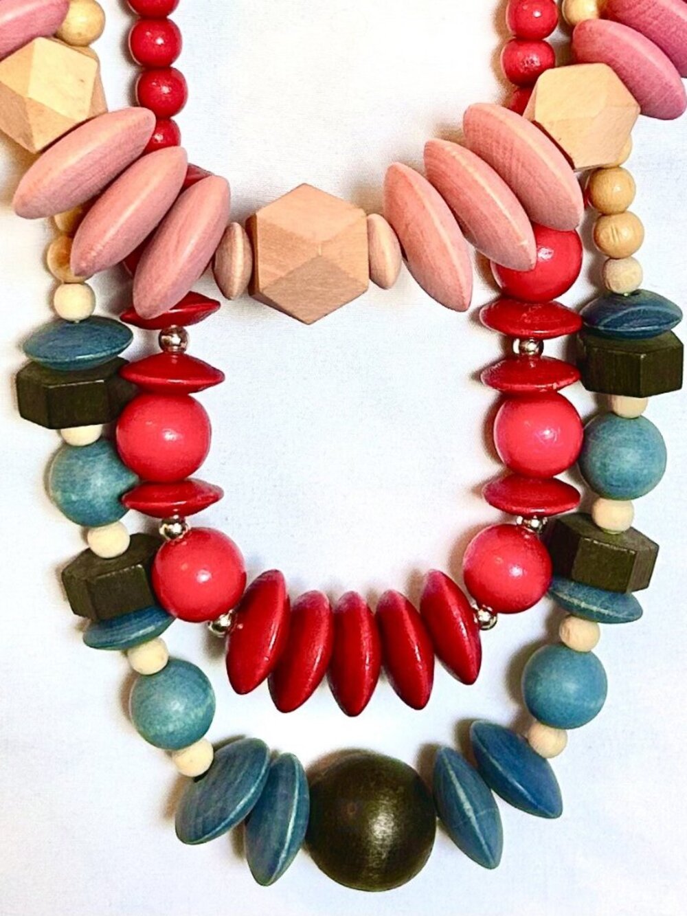 Vintage Retro-style Chunky Wooden Beaded Necklaces Lot of 3 24" Red Blue & Pink